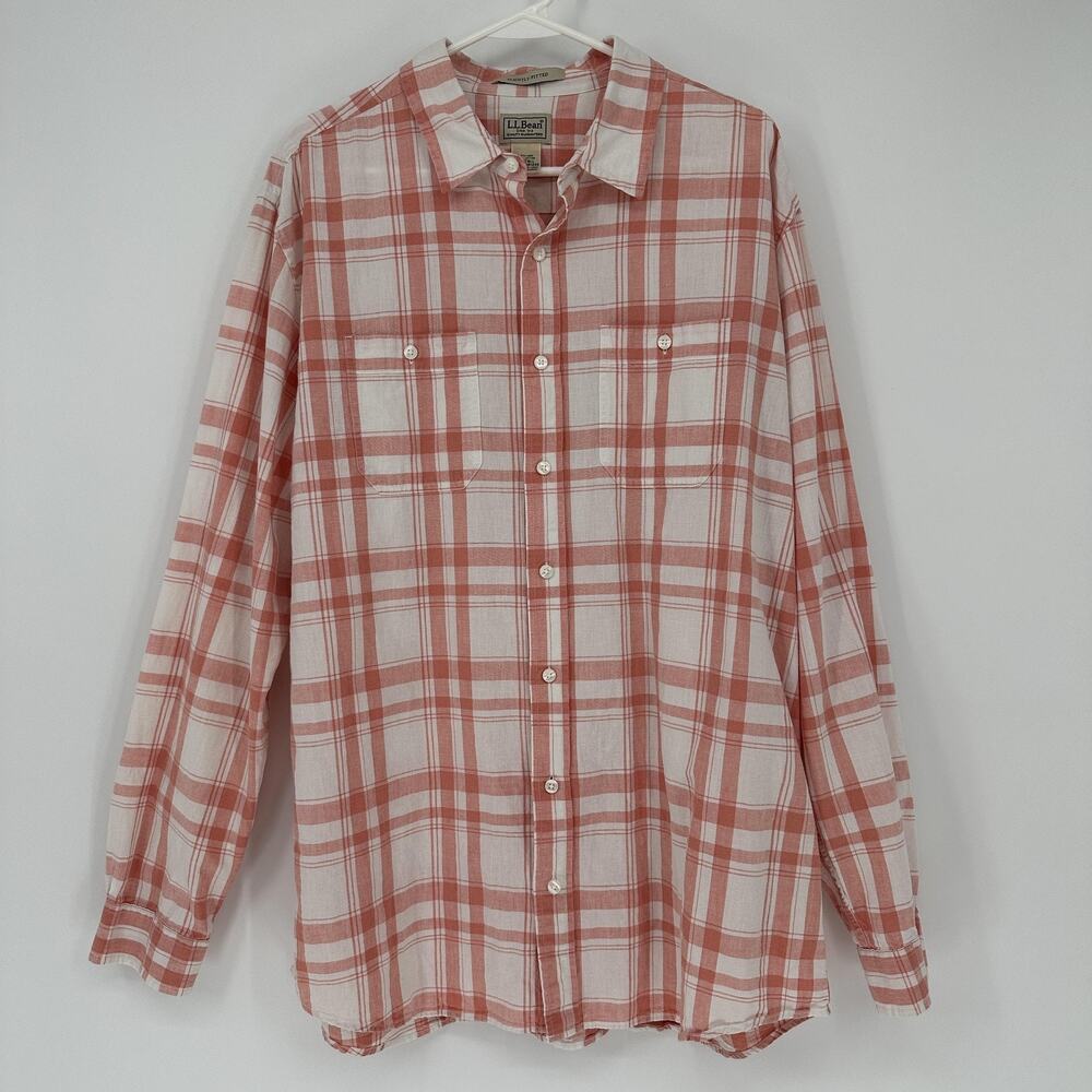 LL Bean Men Linen Cotton Plaid XLT Pink Plaid Linen Cotton Shirt Slightly Fitted